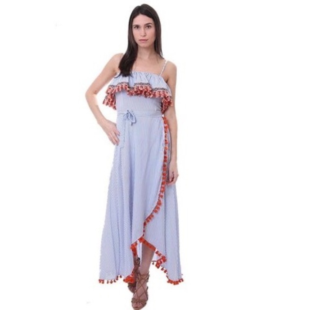 THML Blue Stripe Tassel Maxi Dress Boho Wrap Style XS